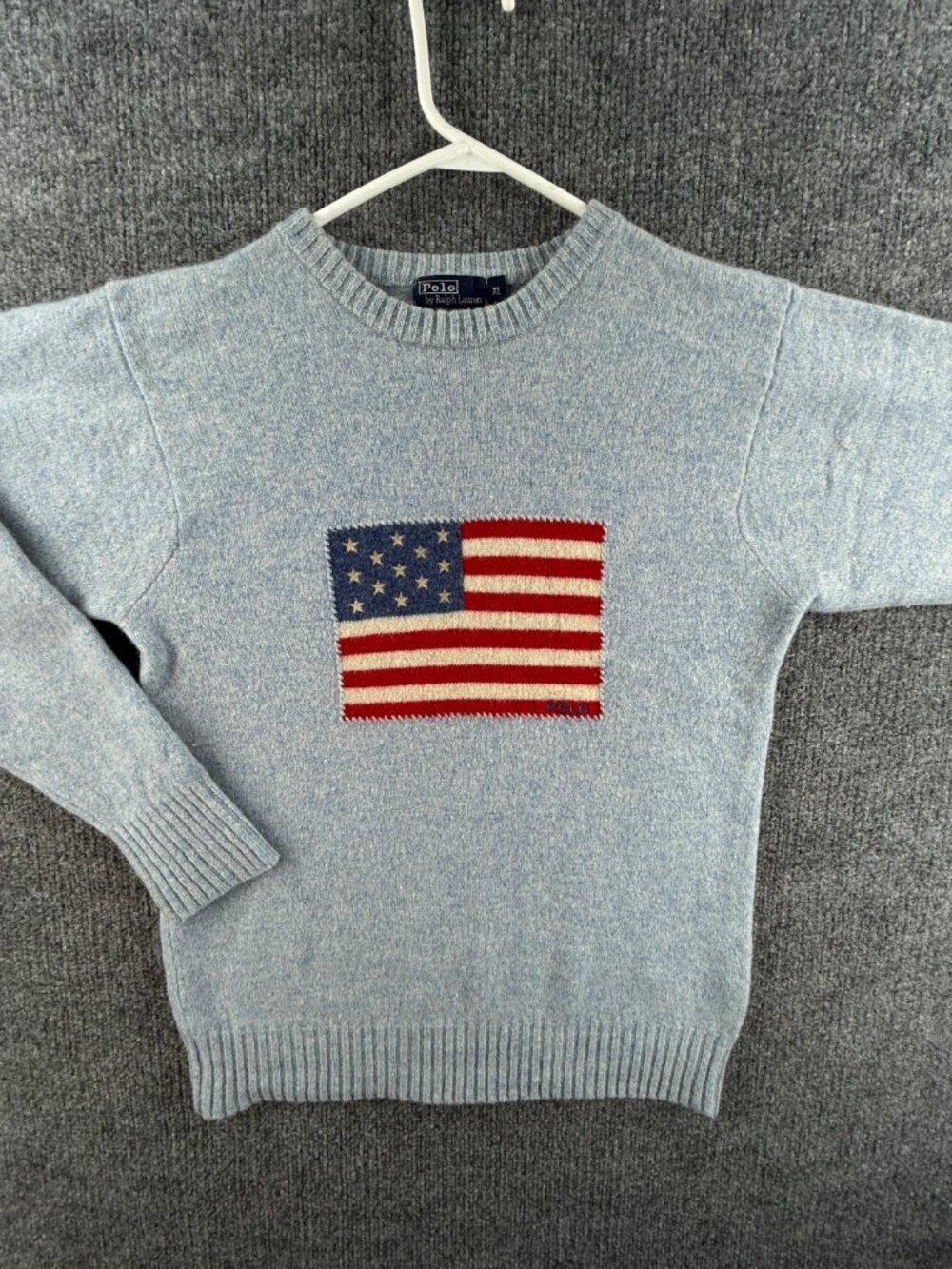 Polo Ralph Lauren WOOL Flag Sweater Women Knit Pullover XL (S) Light Blue